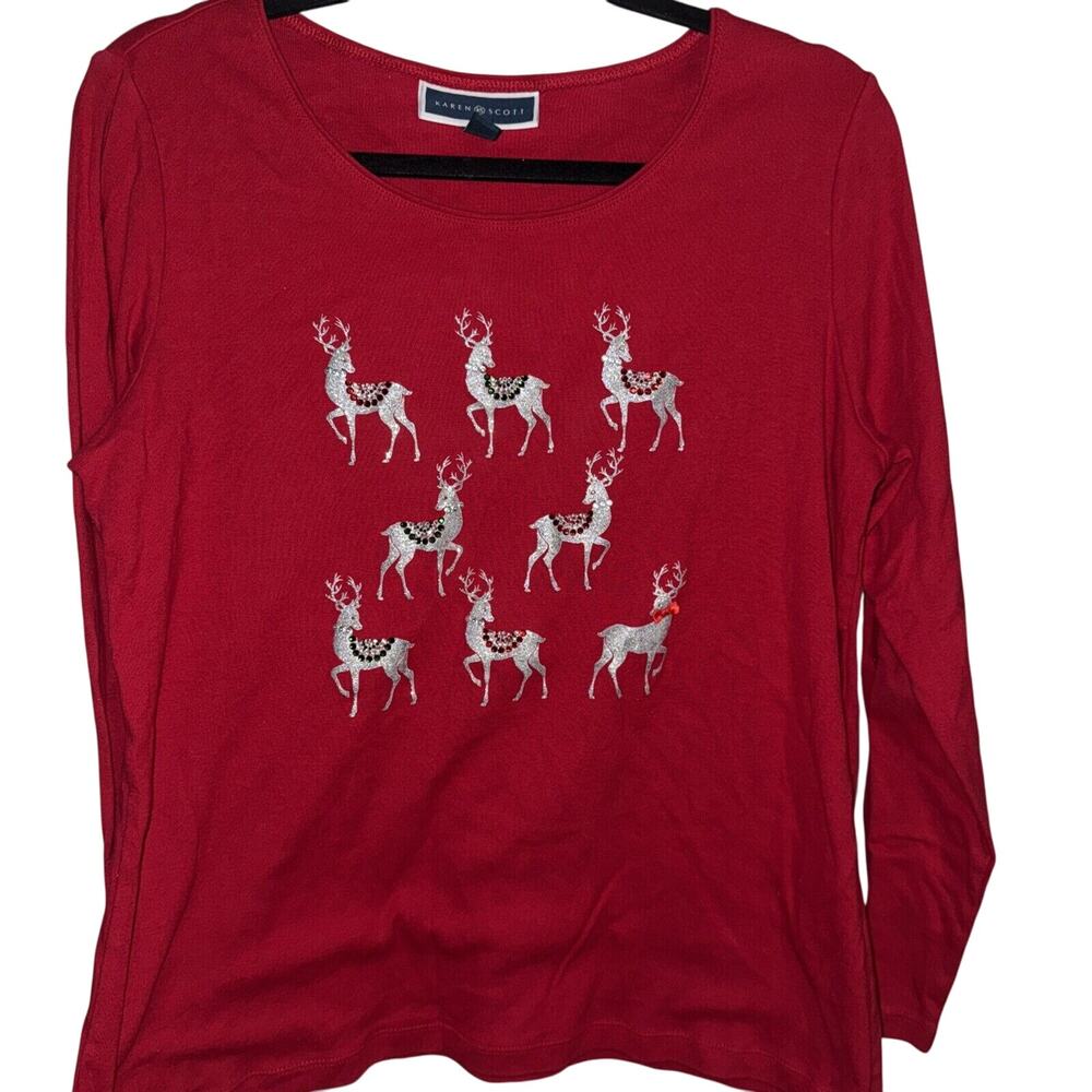 Karen Scott Red Sequined Reindeer Holiday Top Women’s L
